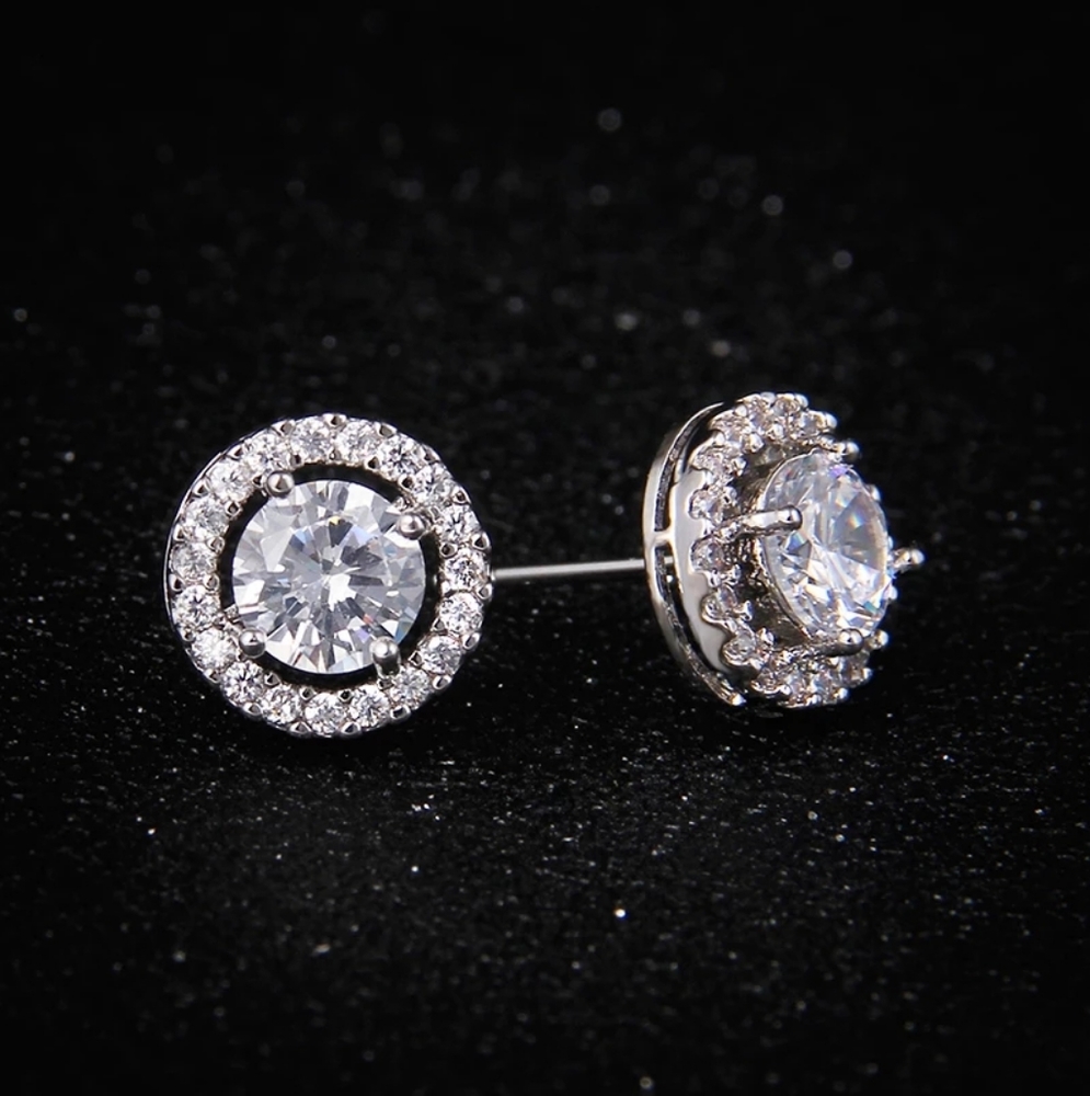 COPY - Simple Lovely Silver Round Diamond Earrings - Picture 1 of 2